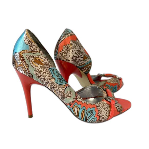 Vibrant Paisley Peep-Toe Heels by Carlos Santana"Miracle" D'Orsay Pump Size 8.5 - Picture 1 of 10